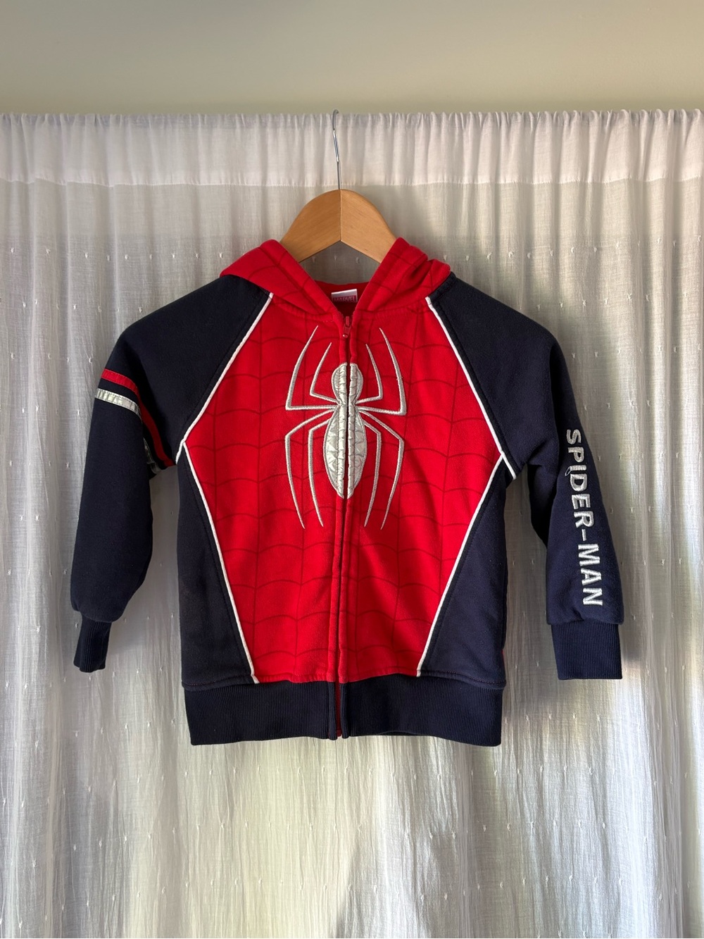 Spiderman Red & Navy Kids Hoodie with Silver Spider Emblem